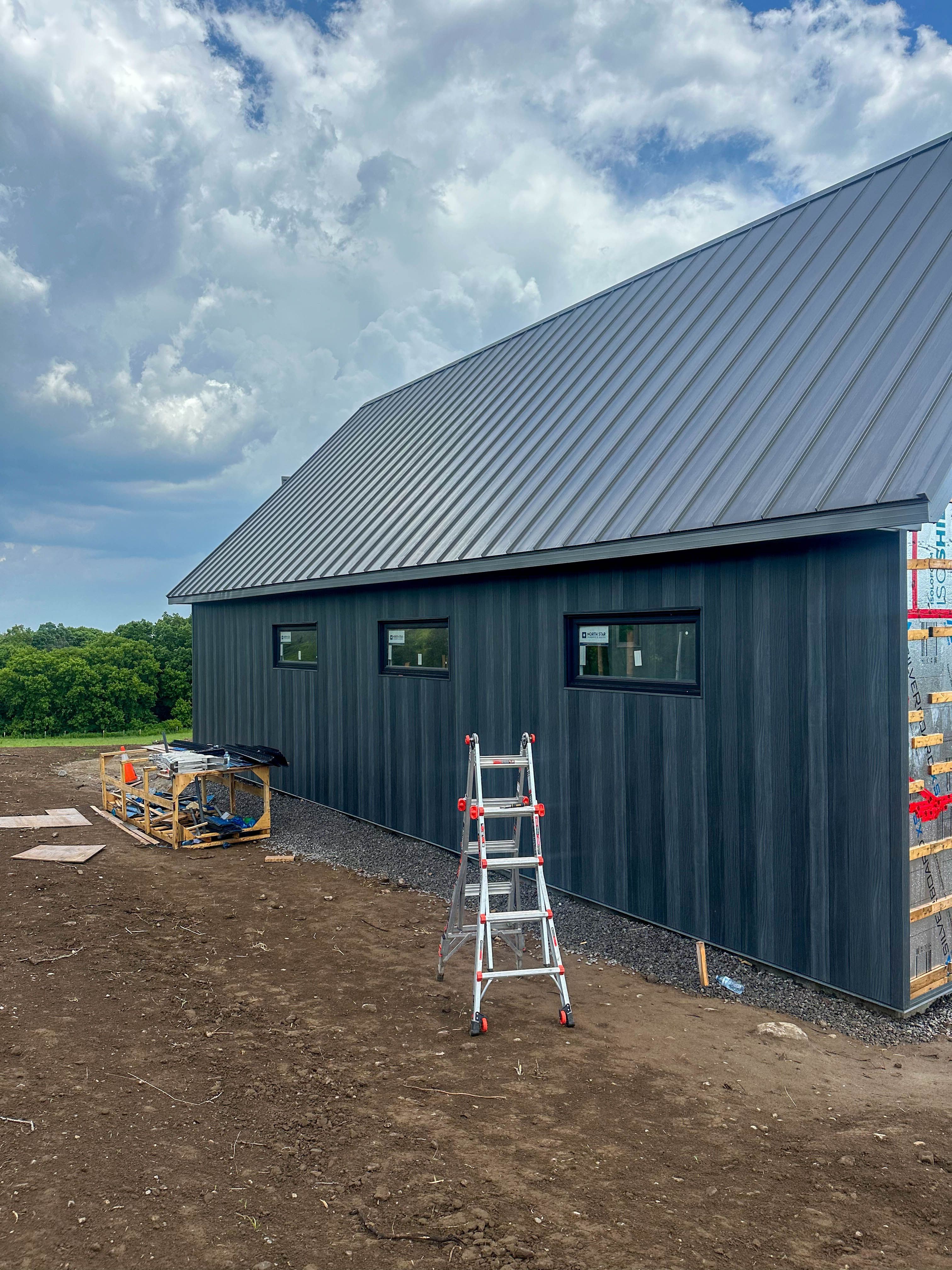 Side view of a Roseneath project featuring snap lock standing seam roof and vertical steel siding with wood grain texture